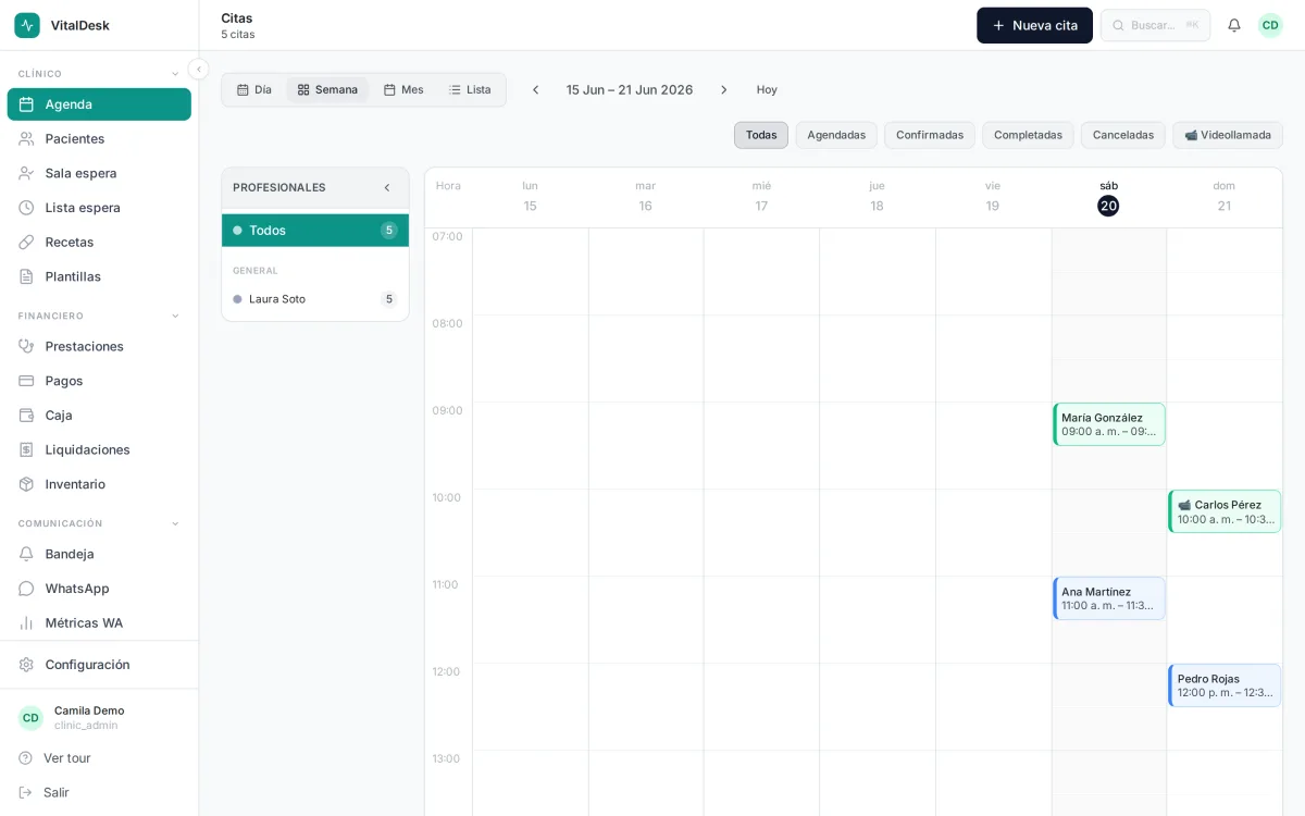 Vista de agenda semanal con citas por profesional en VitalDesk