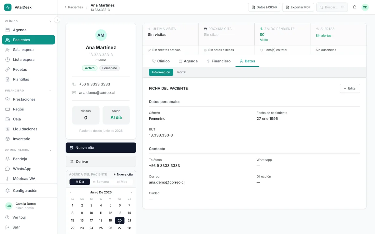 Ficha clínica electrónica de un paciente en VitalDesk