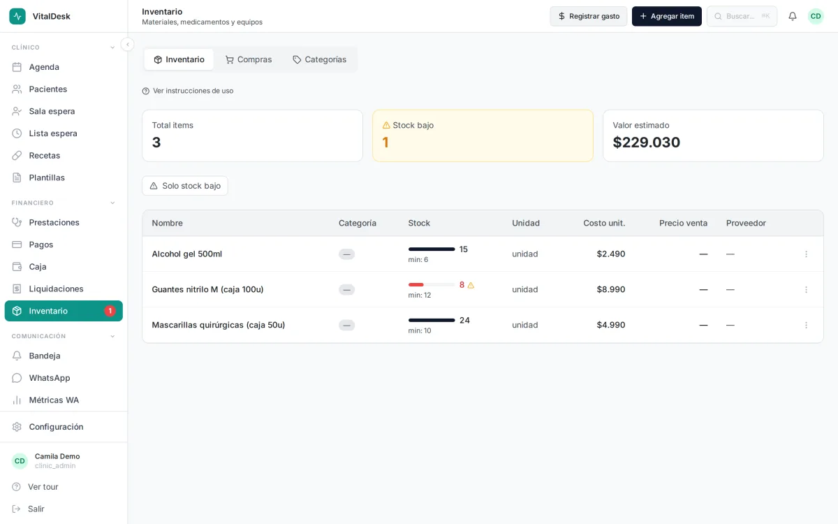 Listado de productos con stock y alertas en VitalDesk