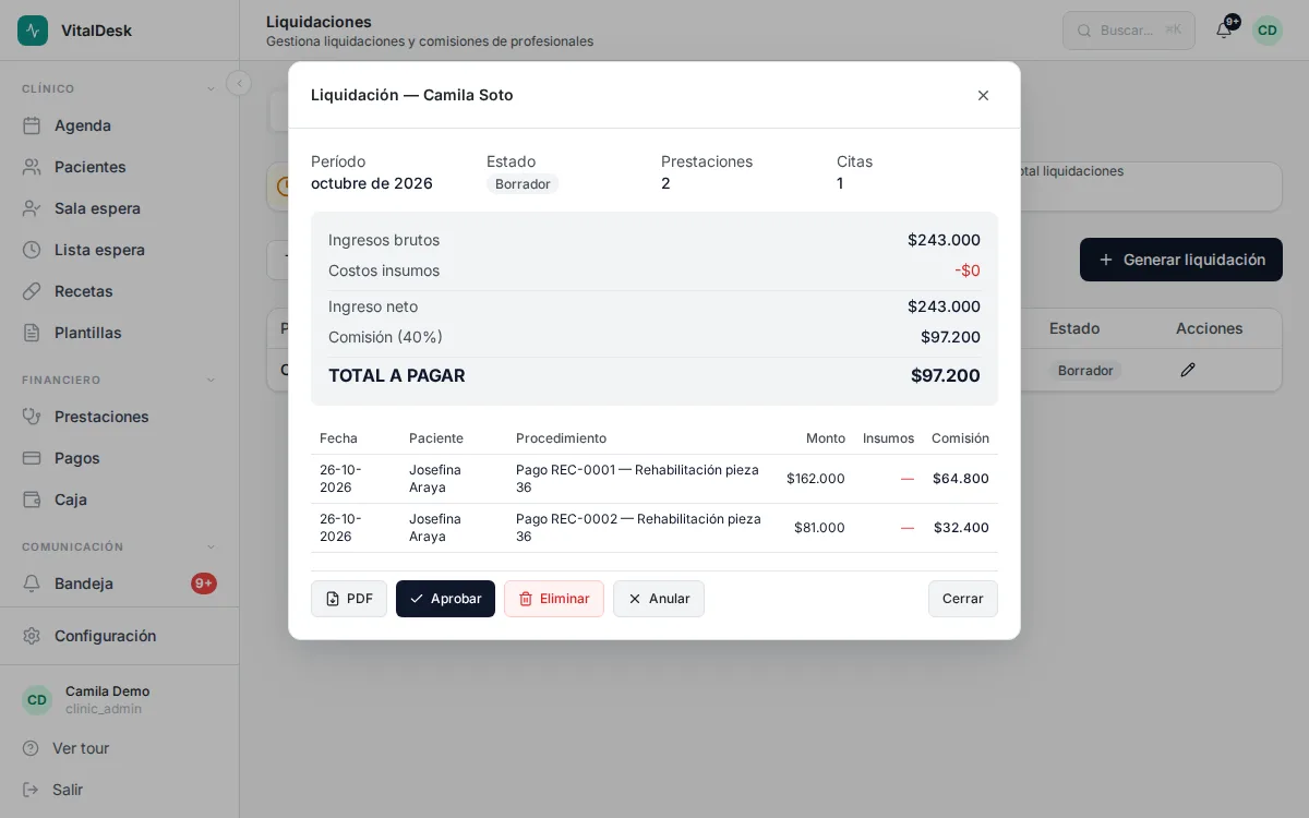 Módulo de liquidaciones de VitalDesk con la liquidación mensual de un profesional, el total cobrado y la comisión calculada