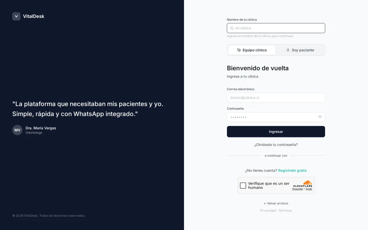 Pantalla de inicio de sesión de VitalDesk