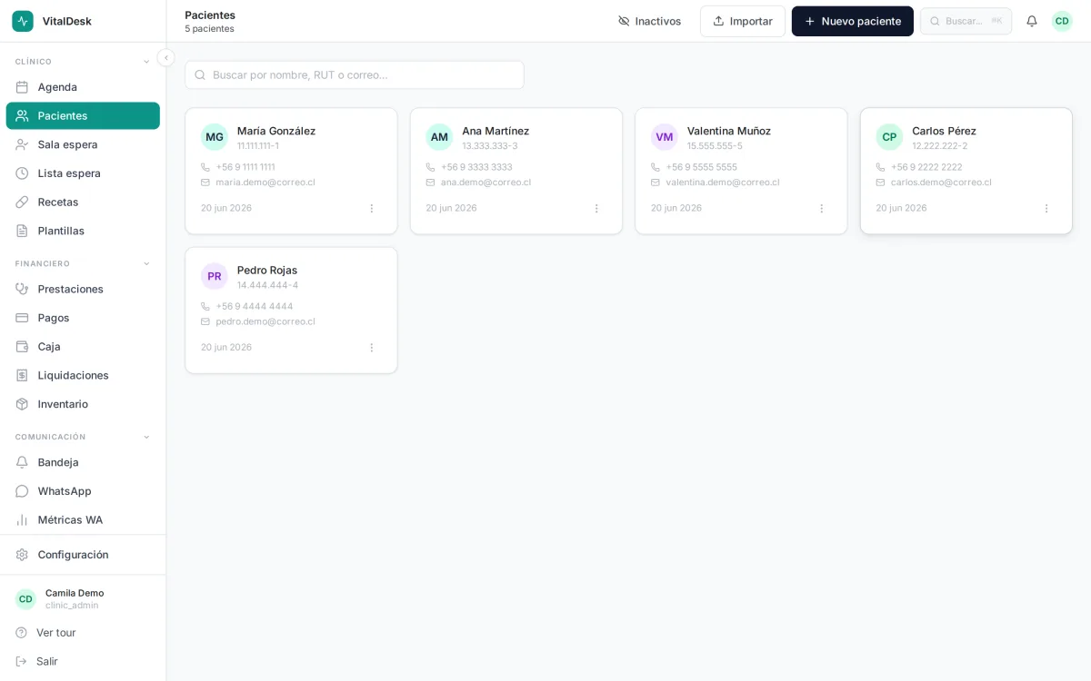 Listado de pacientes con buscador en VitalDesk