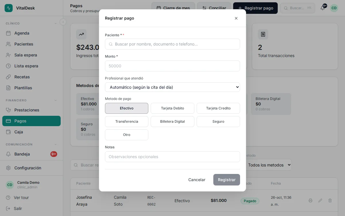Formulario Registrar pago de VitalDesk con el campo Profesional que atendió en automático según la cita del día