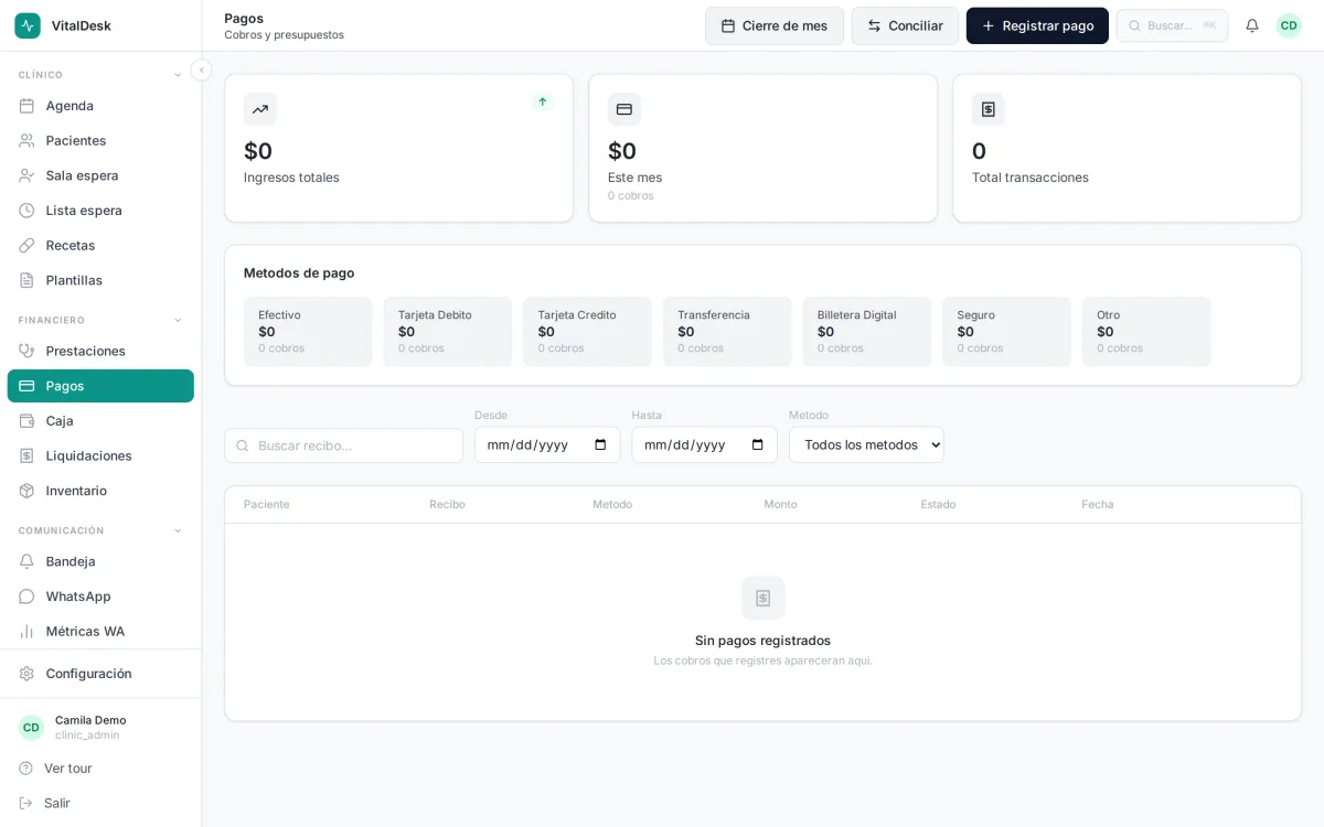Registro de pagos de pacientes en VitalDesk