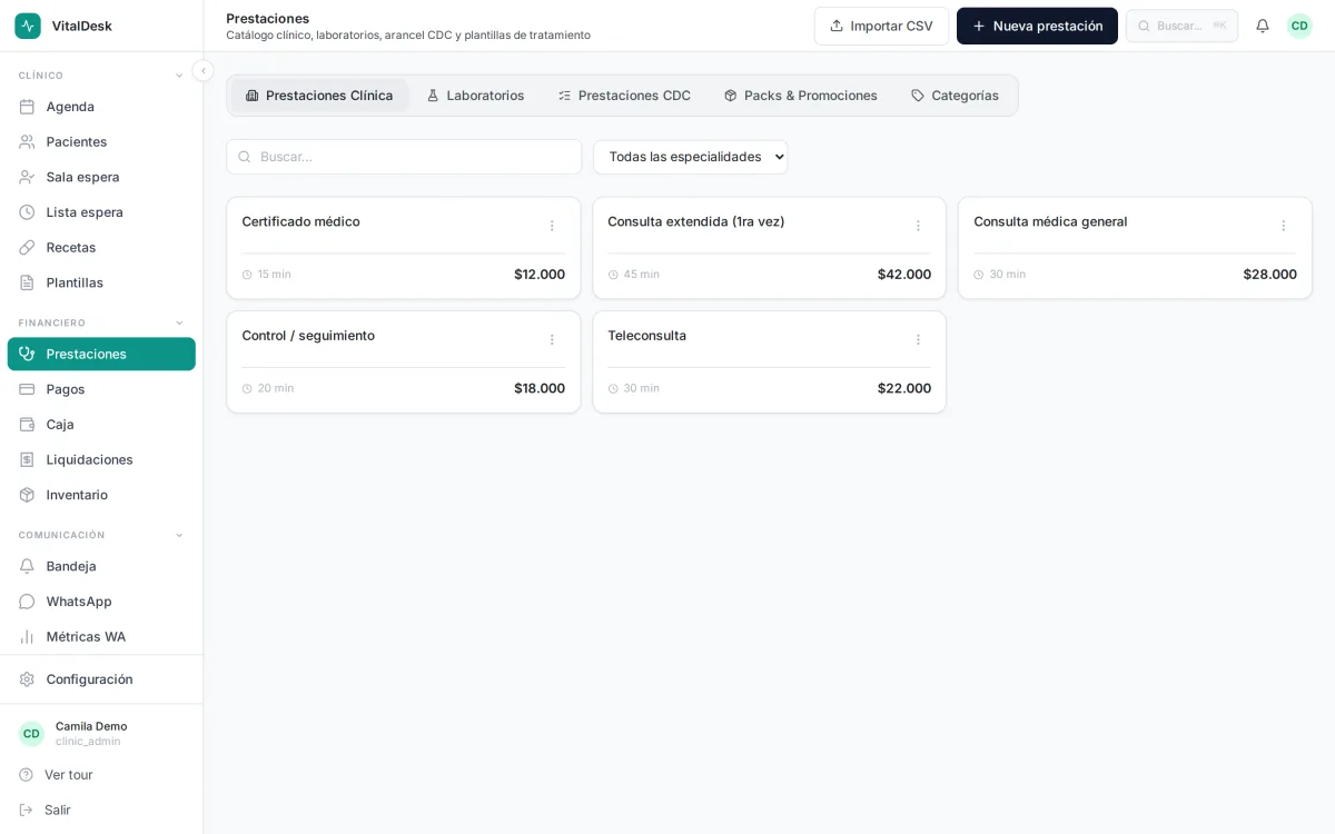 Catálogo de prestaciones con precios y duraciones en VitalDesk