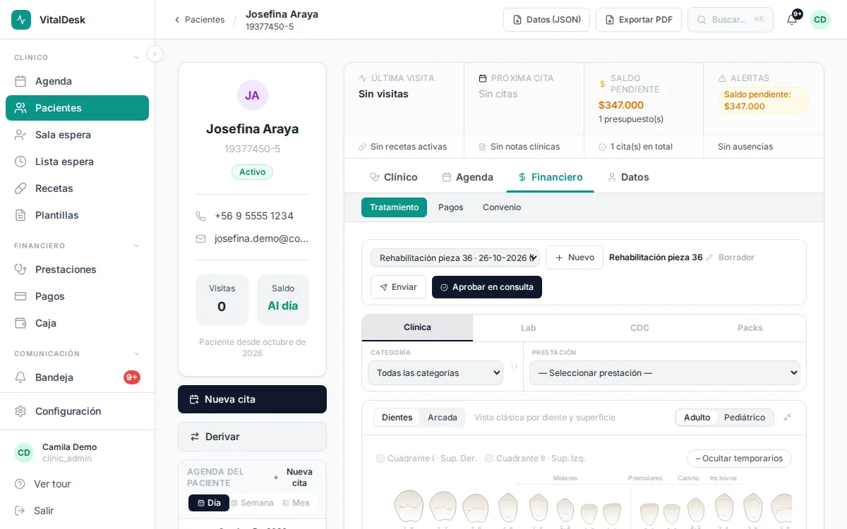 Constructor de presupuestos dentales en VitalDesk con odontograma, prestaciones por pieza y descuentos de clínica y laboratorio