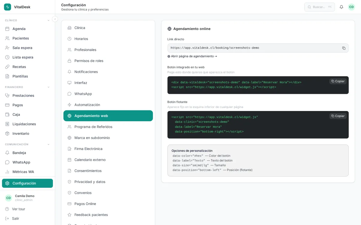 Configuración de reglas de agendamiento online en VitalDesk