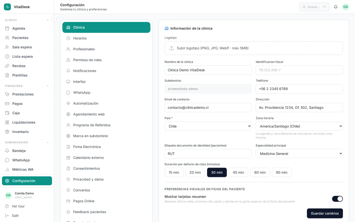 Configuración de datos de la clínica en VitalDesk