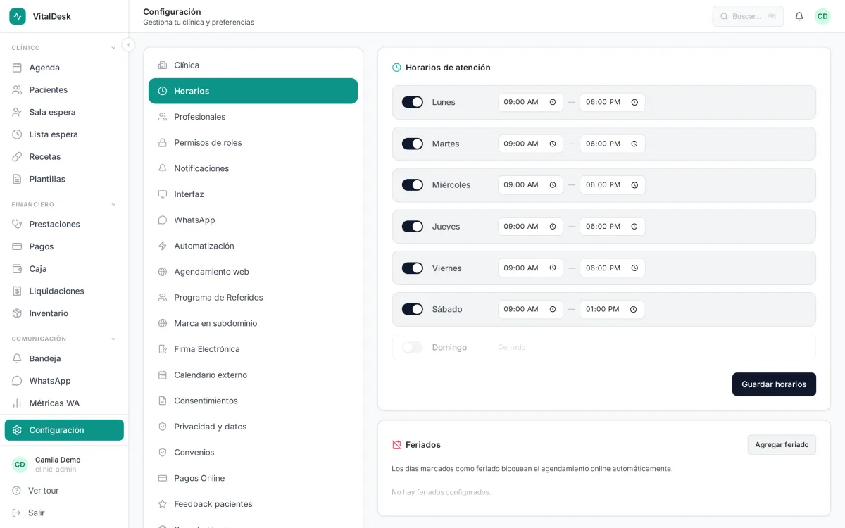 Configuración de horarios de atención por día en VitalDesk