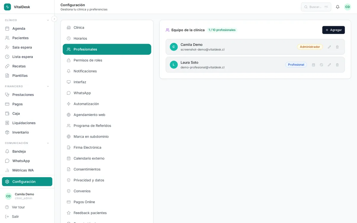 Listado y configuración de profesionales del equipo en VitalDesk