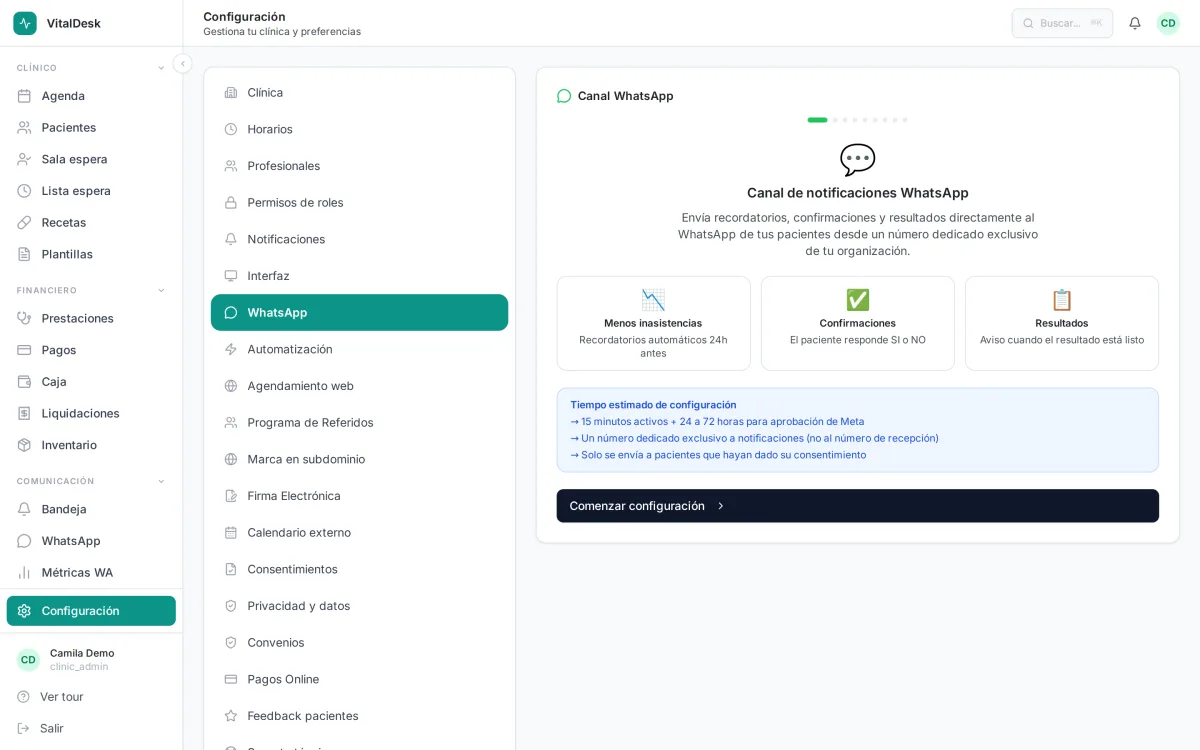 Configuración de conexión de WhatsApp con la API de Meta en VitalDesk