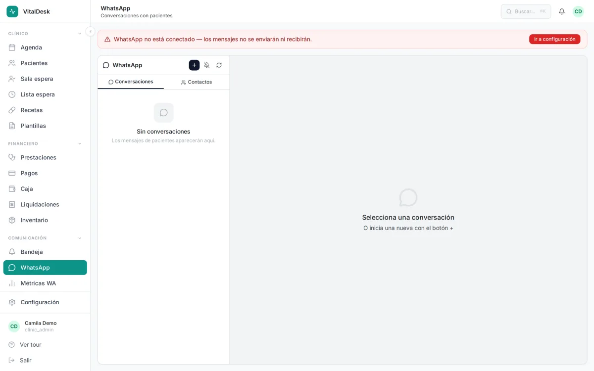 Bandeja de entrada de WhatsApp dentro de VitalDesk